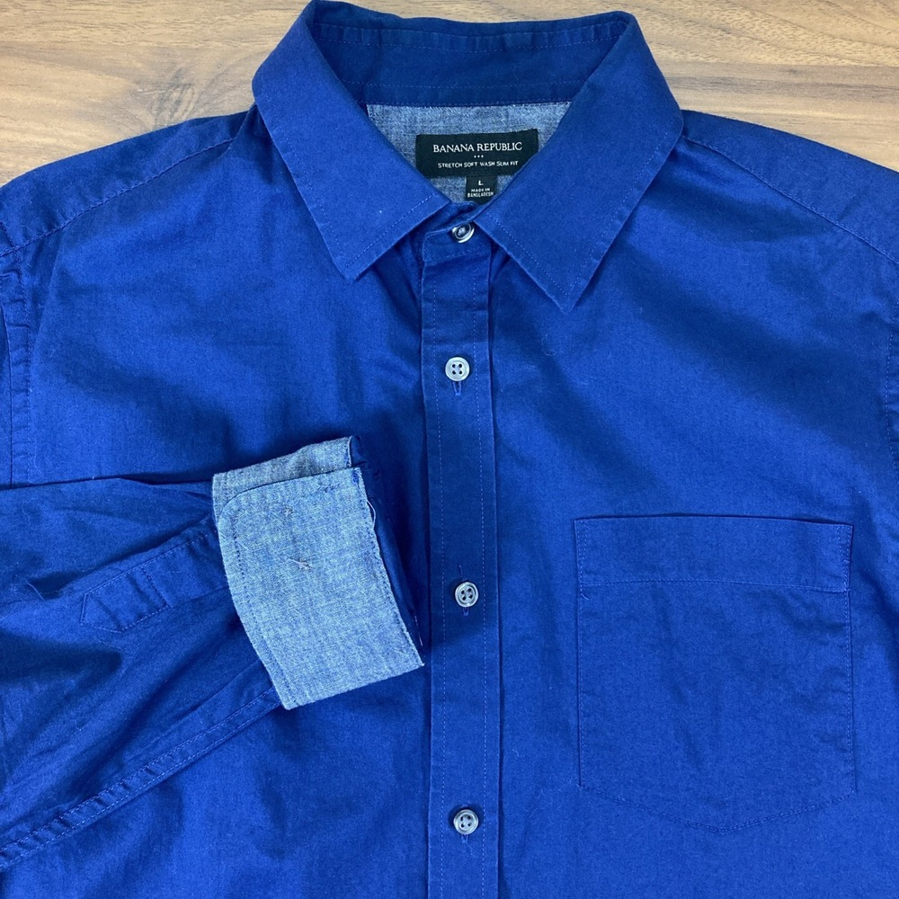 Banana Republic Mens Blue Stretch Soft Wash Slim Fit Button Dn Cotton Shirt Sz L